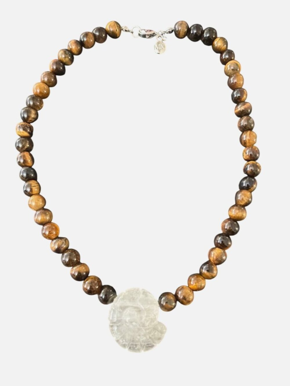 Mayamar Tigers Eye Beaded Necklace Pearlized Quartz Medallion